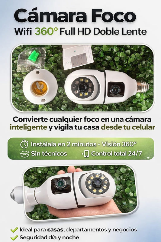 Foco Cámara WiFi E27 Full HD 360° Doble Lente con Visión Nocturna y Audio IC-9177